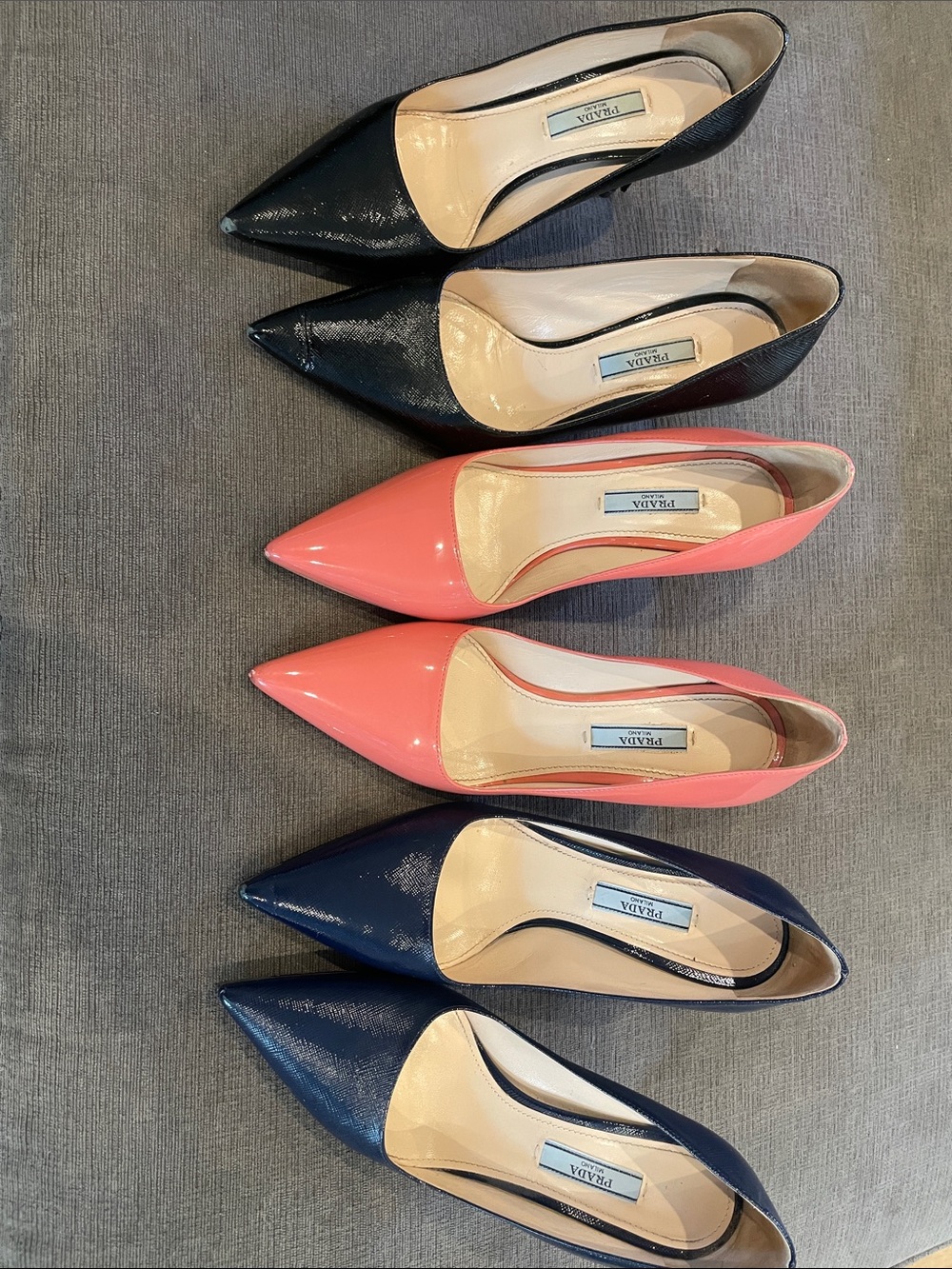 Prada Calzature Donna Pointed Patent Leather Flats in Black, Coral Pink & Navy